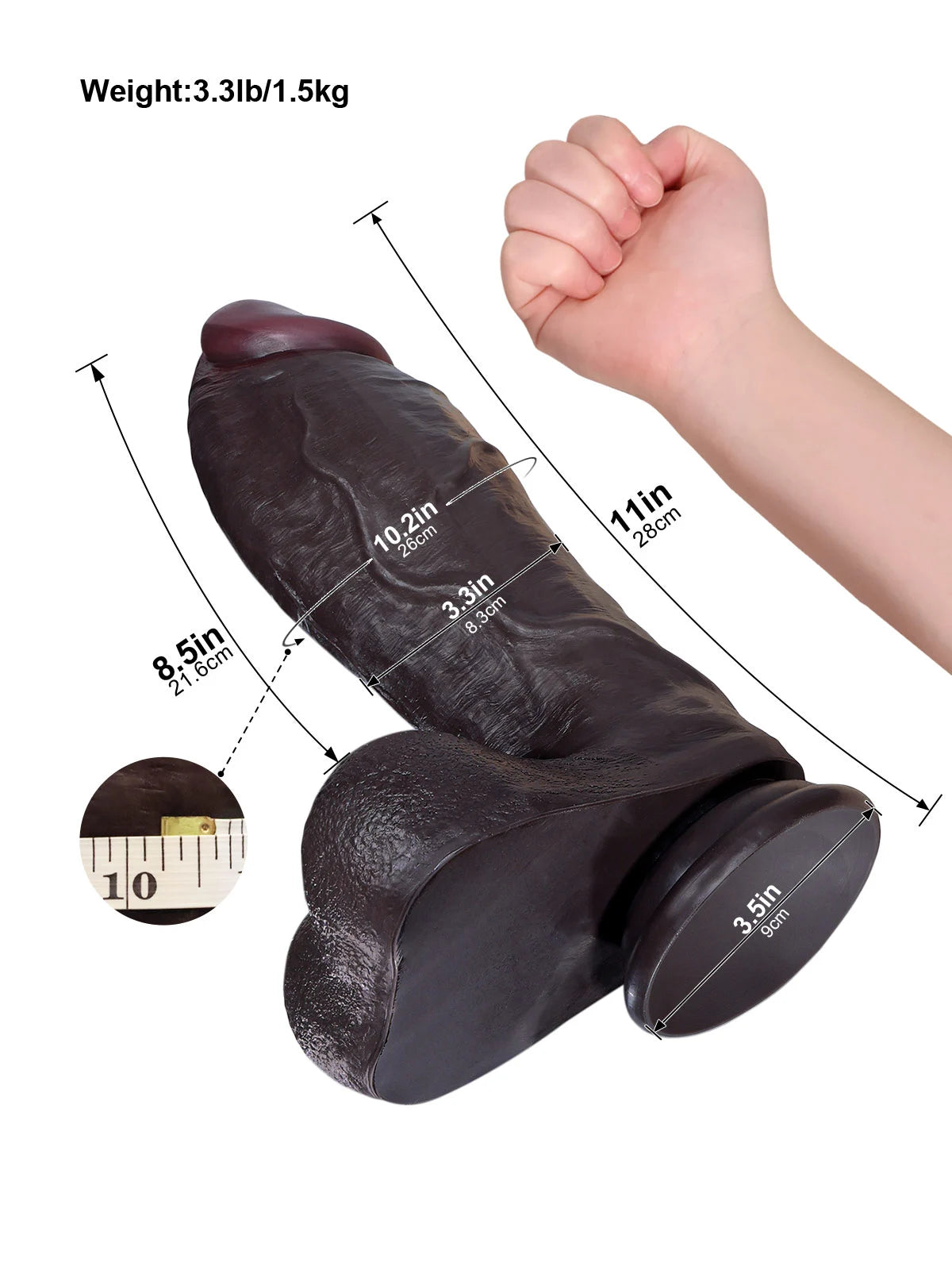 Austin - Zwarte Extra Dikke Realistische Dildo met Dorsale Richel - 28 cm