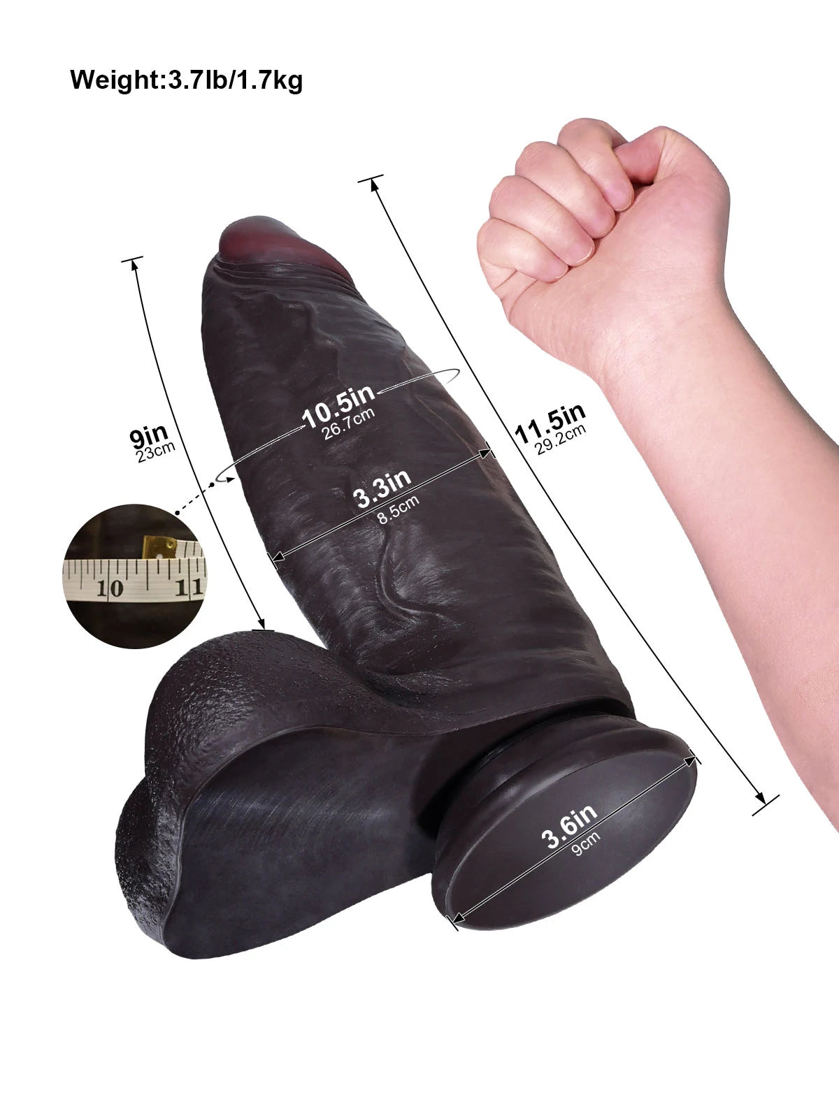 Hugo - Zwarte Grote Dikke Realistische Dildo met Progressief Verdikkend Profiel - 29,2 cm